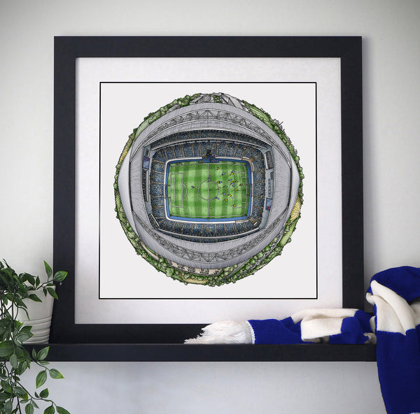 Framed artwork of The Amex Stadium on a white wall with a plant and scarf in the foreground.