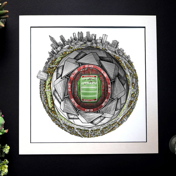 A detailed circular StavesArt illustration themed around the Atlanta Falcons, showing stylised football imagery, bold red‑and‑black elements, and dynamic patterns arranged in the artist’s signature map‑style layout