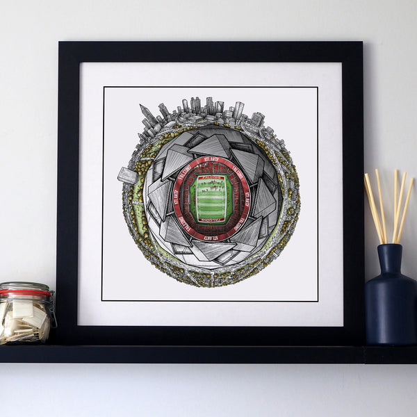 A detailed circular StavesArt illustration themed around the Atlanta Falcons, showing stylised football imagery, bold red‑and‑black elements, and dynamic patterns arranged in the artist’s signature map‑style layout