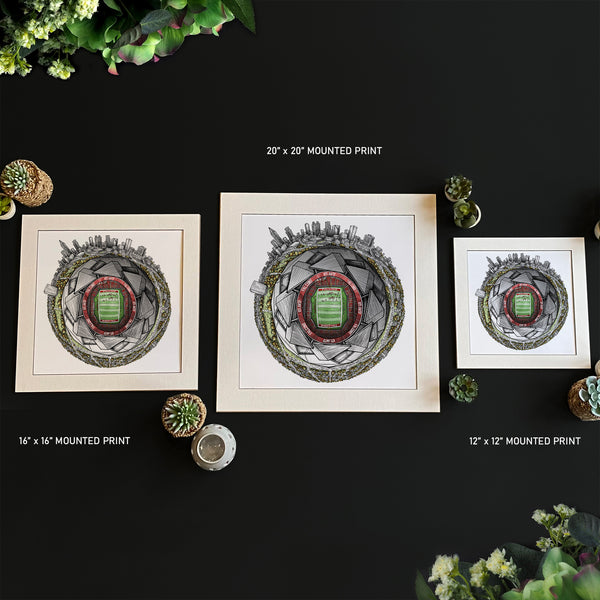 A detailed circular StavesArt illustration themed around the Atlanta Falcons, showing stylised football imagery, bold red‑and‑black elements, and dynamic patterns arranged in the artist’s signature map‑style layout