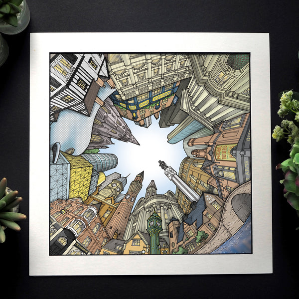 Hand‑drawn circular StavesArt artwork of Birmingham, featuring detailed city landmarks and architectural elements.
