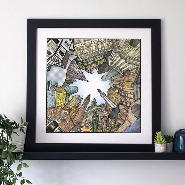 Hand‑drawn circular StavesArt artwork of Birmingham, featuring detailed city landmarks and architectural elements.