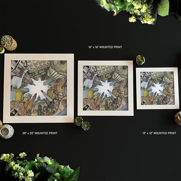 Hand‑drawn circular StavesArt artwork of Birmingham, featuring detailed city landmarks and architectural elements.