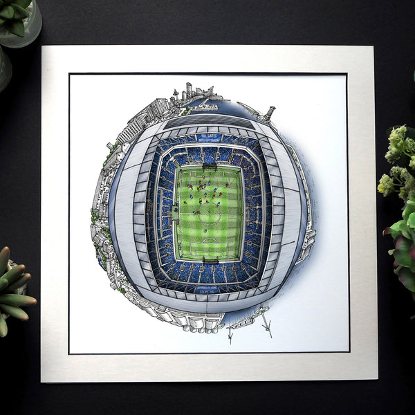 Hand‑drawn globe illustration of the Hill Dickinson Stadium by StavesArt, Everton FC’s new waterfront home, featuring the stands, pitch, surrounding Liverpool docklands, and key architectural details arranged in a detailed circular cityscape.