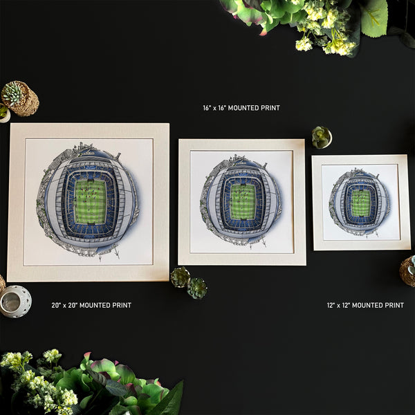 Hand‑drawn globe illustration of the Hill Dickinson Stadium by StavesArt, Everton FC’s new waterfront home, featuring the stands, pitch, surrounding Liverpool docklands, and key architectural details arranged in a detailed circular cityscape.