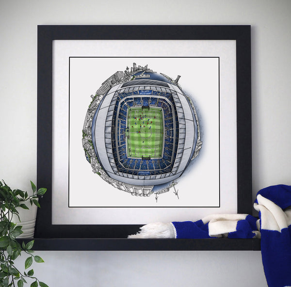 Hand‑drawn globe illustration of the Hill Dickinson Stadium by StavesArt, Everton FC’s new waterfront home, featuring the stands, pitch, surrounding Liverpool docklands, and key architectural details arranged in a detailed circular cityscape.