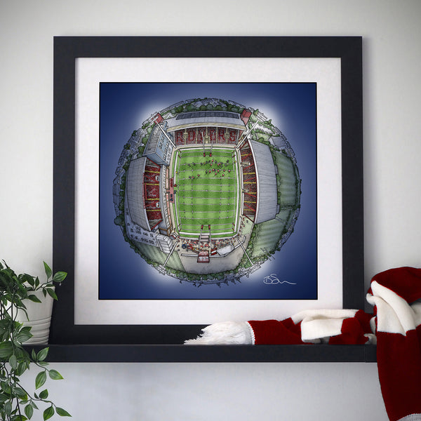 Hand‑drawn illustrated globe of Craven Park Stadium, home of Hull KR, featuring the stadium exterior, surrounding East Hull landscape, and key local landmarks.