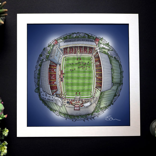 Hand‑drawn illustrated globe of Craven Park Stadium, home of Hull KR, featuring the stadium exterior, surrounding East Hull landscape, and key local landmarks.