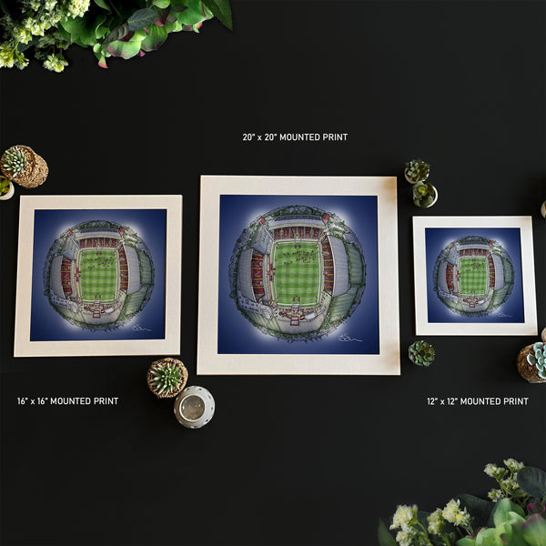 Hand‑drawn illustrated globe of Craven Park Stadium, home of Hull KR, featuring the stadium exterior, surrounding East Hull landscape, and key local landmarks.