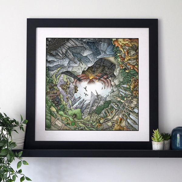 Hand‑drawn spiral illustration of Middle‑earth by StavesArt, featuring iconic locations such as the Shire, Rivendell, Rohan, Gondor, Mordor, and other key landmarks from Tolkien’s world woven throughout a detailed flowing fantasy spiral landscape