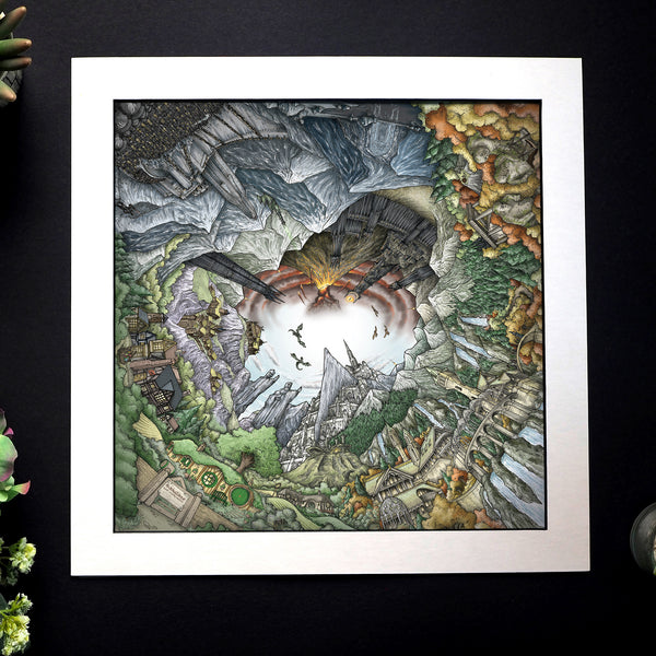 Hand‑drawn spiral illustration of Middle‑earth by StavesArt, featuring iconic locations such as the Shire, Rivendell, Rohan, Gondor, Mordor, and other key landmarks from Tolkien’s world woven throughout a detailed flowing fantasy spiral landscape