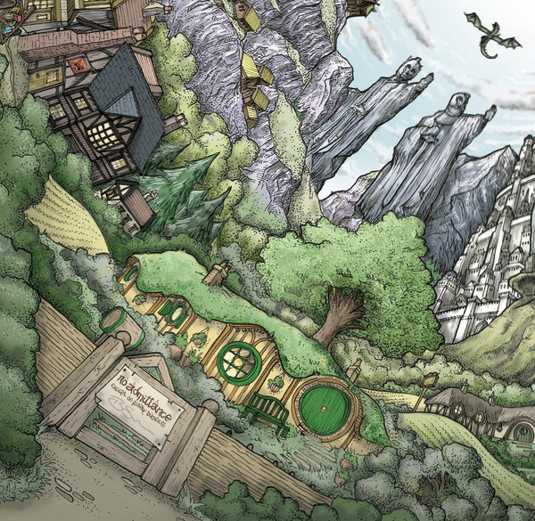 Hand‑drawn spiral illustration of Middle‑earth by StavesArt, featuring iconic locations such as the Shire, Rivendell, Rohan, Gondor, Mordor, and other key landmarks from Tolkien’s world woven throughout a detailed flowing fantasy spiral landscape
