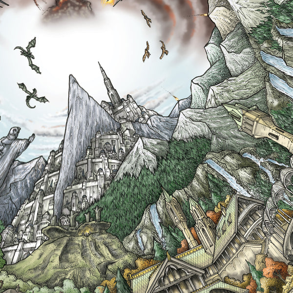 Hand‑drawn spiral illustration of Middle‑earth by StavesArt, featuring iconic locations such as the Shire, Rivendell, Rohan, Gondor, Mordor, and other key landmarks from Tolkien’s world woven throughout a detailed flowing fantasy spiral landscape