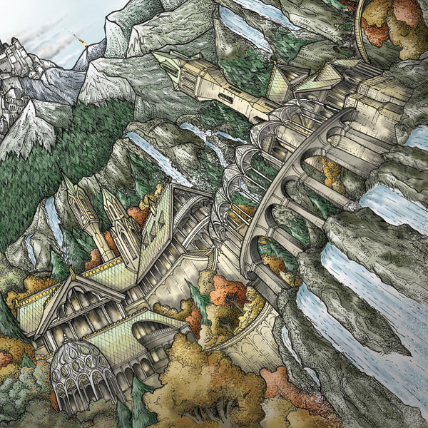Hand‑drawn spiral illustration of Middle‑earth by StavesArt, featuring iconic locations such as the Shire, Rivendell, Rohan, Gondor, Mordor, and other key landmarks from Tolkien’s world woven throughout a detailed flowing fantasy spiral landscape