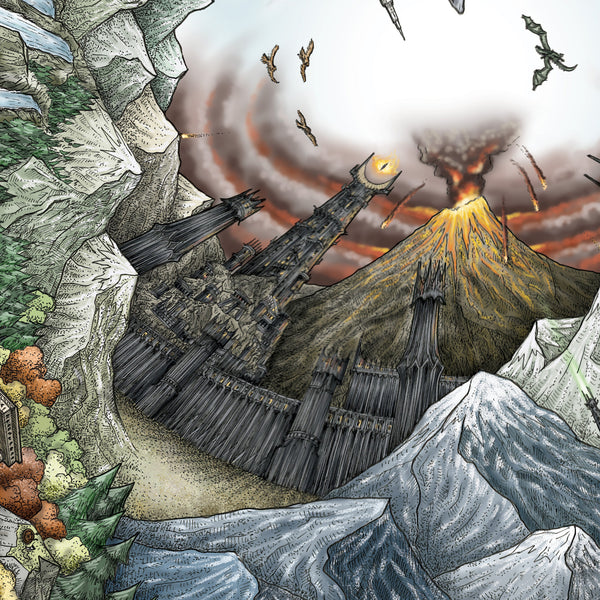 Hand‑drawn spiral illustration of Middle‑earth by StavesArt, featuring iconic locations such as the Shire, Rivendell, Rohan, Gondor, Mordor, and other key landmarks from Tolkien’s world woven throughout a detailed flowing fantasy spiral landscape