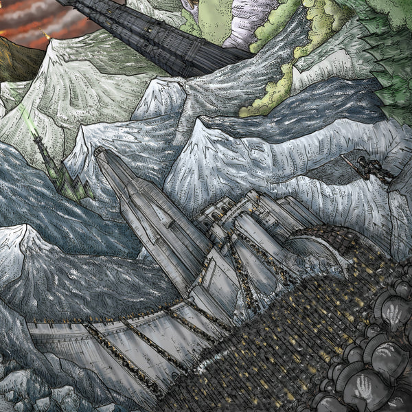 Hand‑drawn spiral illustration of Middle‑earth by StavesArt, featuring iconic locations such as the Shire, Rivendell, Rohan, Gondor, Mordor, and other key landmarks from Tolkien’s world woven throughout a detailed flowing fantasy spiral landscape