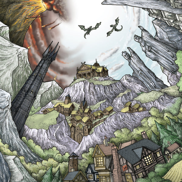 Hand‑drawn spiral illustration of Middle‑earth by StavesArt, featuring iconic locations such as the Shire, Rivendell, Rohan, Gondor, Mordor, and other key landmarks from Tolkien’s world woven throughout a detailed flowing fantasy spiral landscape