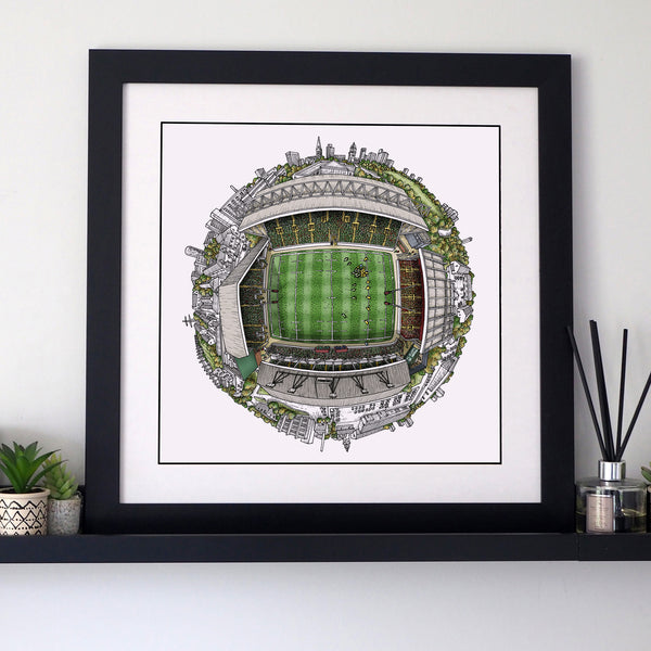 Hand‑drawn Welford Road globe illustration featuring Leicester Tigers’ home stadium, the Mattioli Woods stands, surrounding Leicester landmarks, and the club’s rugby heritage arranged in StavesArt’s signature spherical style