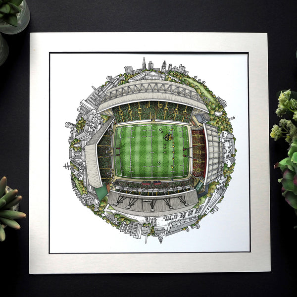 Hand‑drawn Welford Road globe illustration featuring Leicester Tigers’ home stadium, the Mattioli Woods stands, surrounding Leicester landmarks, and the club’s rugby heritage arranged in StavesArt’s signature spherical style