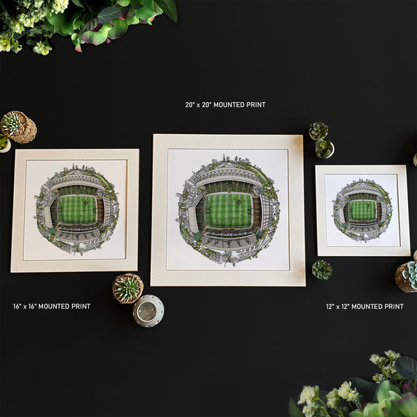 Hand‑drawn Welford Road globe illustration featuring Leicester Tigers’ home stadium, the Mattioli Woods stands, surrounding Leicester landmarks, and the club’s rugby heritage arranged in StavesArt’s signature spherical style