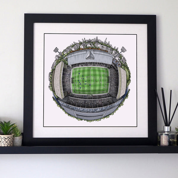 Hand‑drawn illustrated globe of Craven Cottage, home of Fulham FC, featuring the historic riverside stadium, Johnny Haynes Stand, and surrounding Thames‑side landscape