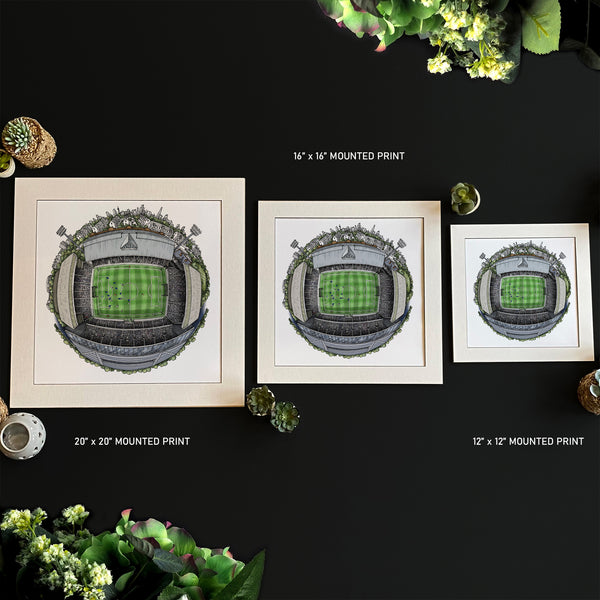Hand‑drawn illustrated globe of Craven Cottage, home of Fulham FC, featuring the historic riverside stadium, Johnny Haynes Stand, and surrounding Thames‑side landscape