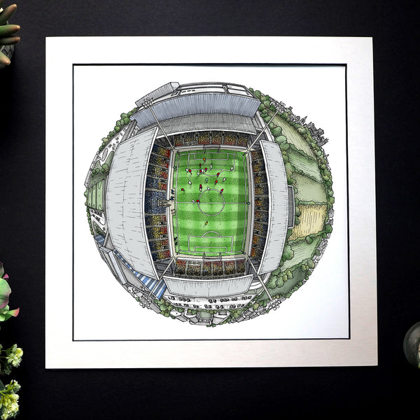 Hand‑drawn globe illustration of the LNER Community Stadium by StavesArt, home of York City FC, featuring the stands, pitch, surrounding York streets, and key architectural details arranged in a detailed circular cityscape