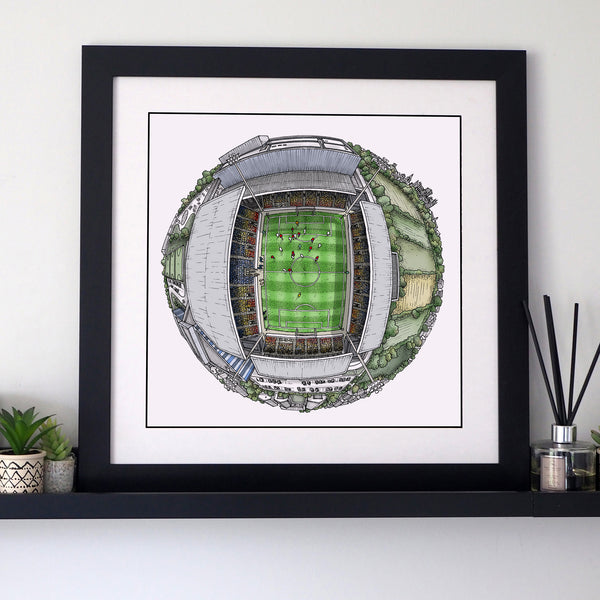 Hand‑drawn globe illustration of the LNER Community Stadium by StavesArt, home of York City FC, featuring the stands, pitch, surrounding York streets, and key architectural details arranged in a detailed circular cityscape