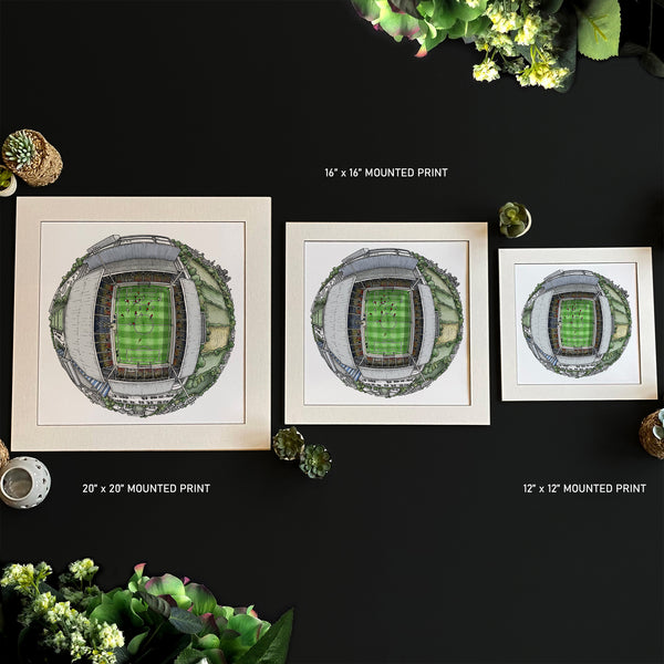 Hand‑drawn globe illustration of the LNER Community Stadium by StavesArt, home of York City FC, featuring the stands, pitch, surrounding York streets, and key architectural details arranged in a detailed circular cityscape